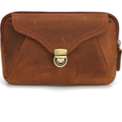 New belt bag 7-inch Crazy Horse leather mobile phone bag double-layer belt cover casual leather buckle bag