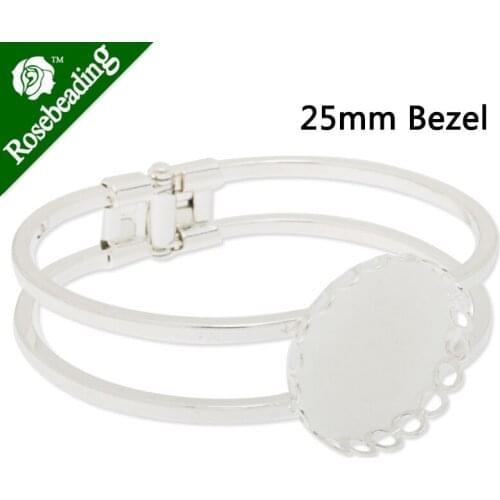Silver Plated openable Bracelet Setting With 25mm Round flower Bezel,Cuff,width is 13mm,Lead And Nickel Free,Sold 5pcs/Lot-C3426