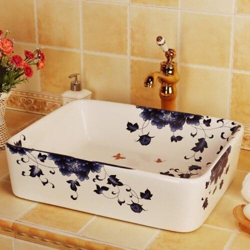 Bathroom vanity bathroom sink bowl countertop Rectangular Ceramic wash basin bathroom sink Rectangle blue and white