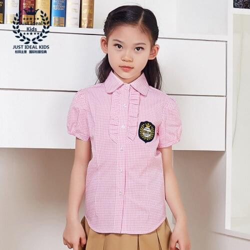 2019 Summer Girls Short Sleeve Shirt Cotton Plaid Tops For Kids Children Lapel Shirt 1016 1017