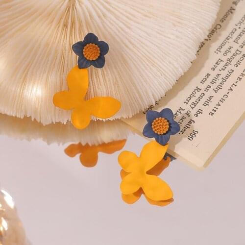 Flower Butterfly Earrings Yellow And Blue Color Retro Korean Fresh Holiday Style Earrings For Women Girl Summer Beach Jewelry