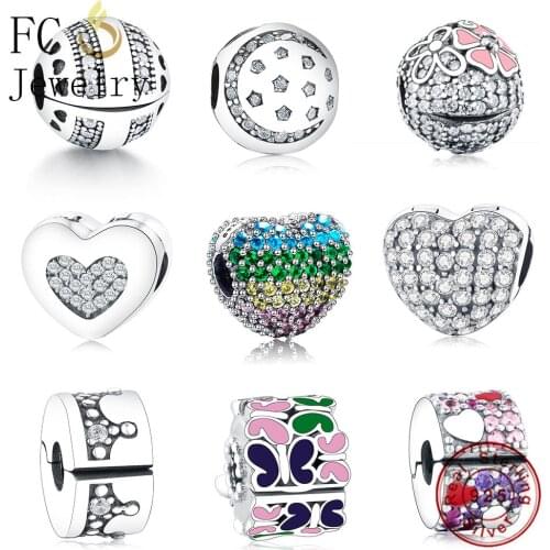 FC Jewelry Fit Original Brand Charm Bracelet 925 Silver Heart Lock Clip Stopper Bead With Enamel Zirconia For Women Berloque