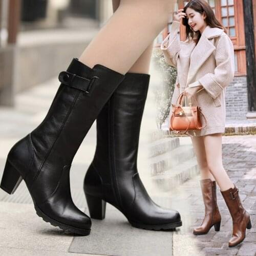 Women Leather Martin Boots 2021 New Chunky Heel Retro Full Cowhide Mid-Calf Boots for Women Comfortable Versatile Riding Boots