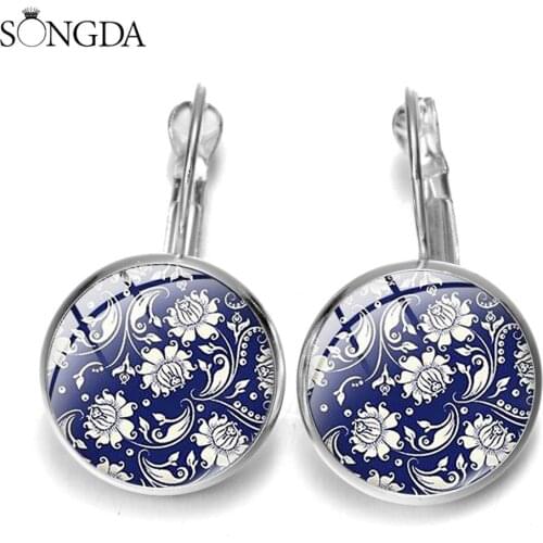 Boho Blue And White Porcelain Pattern Ladies Hook Earrings Floral Bird Art Paintting Glass Cabochon Drop Earrings Brincos