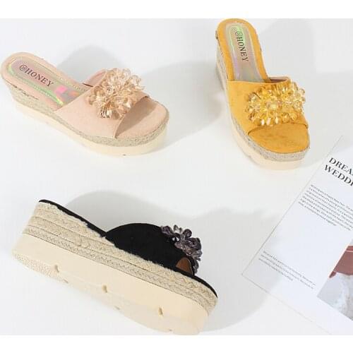 Slippers women 2021 summer new suede flat open toe handmade beaded rhinestones wedge sandals fashionable outdoor beach shoes 7CM