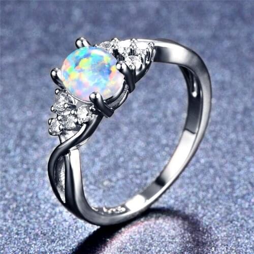 Female 14KT White Gold Filled Oval Finger Ring Blue/Purple Fire Opal Ring Silver Color Filled Wedding Engagement Rings For Women
