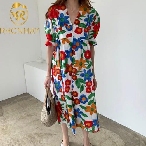 Fashion Sweet Women Floral Maxi Dress Short Sleeve V Neck Casual Loose Chic Dresses Female A Line print Dress Vestidos