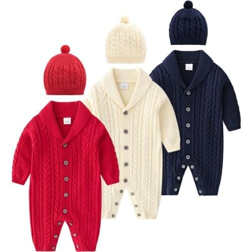 0-24M Winter Toddler Clothing Newborn Baby Knit V Neck Long Sleeve Boys Girls Jumpsuits + Hat Sets Solid Outwear Snowsuits