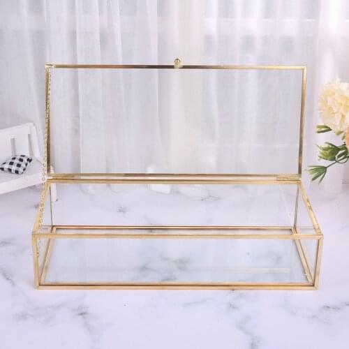 K5DC Golden Vintage Glass Lidded Box Edge Bracelet Keepsake Decorative Jewelry Display Personalized Large Clear Rectangle Box