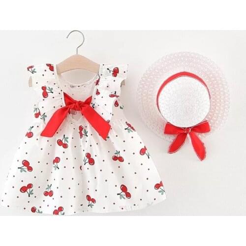 2021 Summer Print Bow Girl Dress With Hat Outfits Baby Princess Birthday Party Dress Toddler Infant Kids Clothes Suit