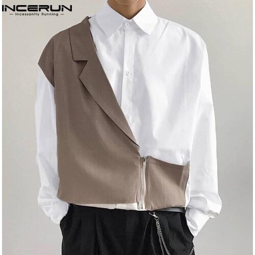 2021 Fashion Men Casual Shirt Lapel Patchwork Long Sleeve Button Zipper Streetwear Fake Two Pieces Tops Camisas S-5XL INCERUN
