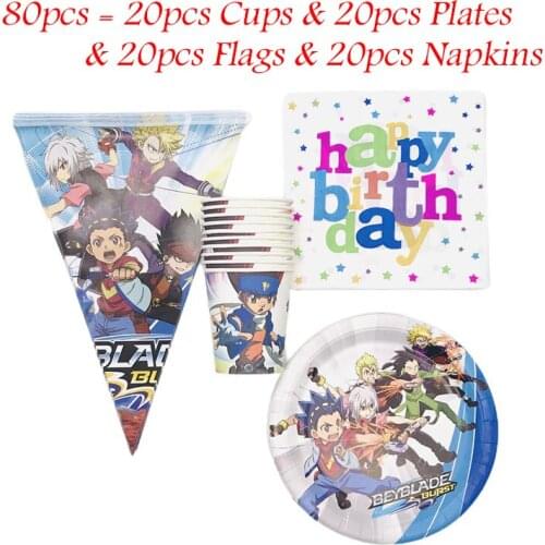 80pcs Beyblade Burst Theme Party Supplies Paper Cup Plate Kids Birthday Party Disposable Tableware Flag Napkin Decoration Supply