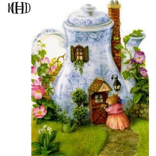 Diy Diamond Embroidery Teacup House Full Round Diamond Paintings Landscape Crystal Decoration Rhinestone Mosaic Needlework Kit