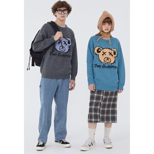 Fashion Hipster Knitted Bear Jumper Sweaters Streetwear Hip Hop Harajuku Casual Mens Pullover Knitwear Tops Unisex Knit Outwear