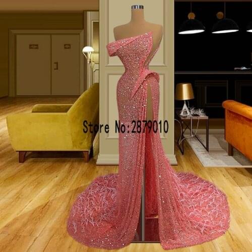 Formal Long Dress Sexy Illusion Watermelon Evening Dresses Luxury Feathers Beading Mermaid Evening Gowns Robes De Soiree
