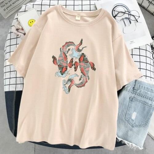 Cartoon Carp Funny Print Womens T Shirt Casual Breathable Tee Clothing Streetwear Summer Fashion Loose O-Neck Women Tshirt TOP
