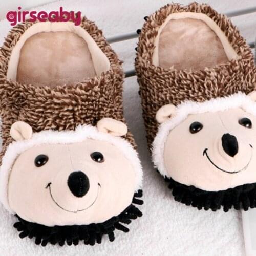 GIRSEABY Winter Warm Unisex Slipper Round toe Flat with Flock Cute Animal Hedgehog Cartoon Big size 35-43 Brown Indoor Home F999