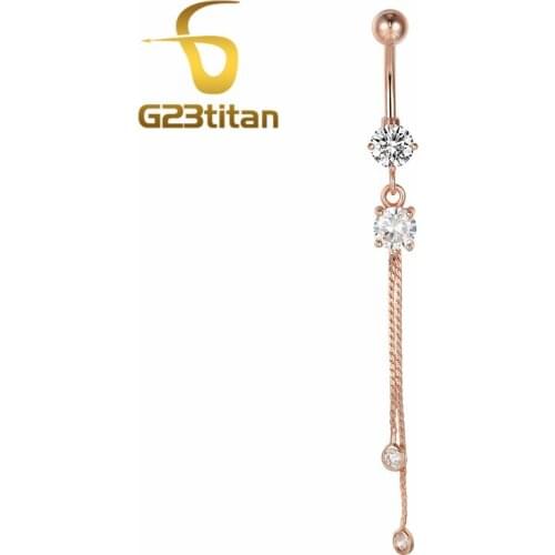 G23titan ROSE GOLD Color Long Tassel Navel Rings Rhinestone Belly Stainless Steel Botton Ring Women Hot Beach Jewelry