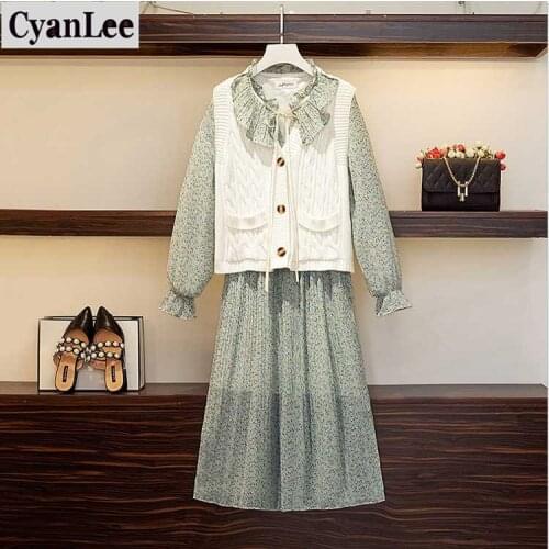 Cyanlee 2020 Winter Casual Two Piece Women Sets Sweater Vest + Peter Pan Collar Dress Elastic Waist Streetwear Suit 2 Piece Set
