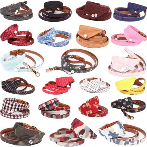 Leather Dog Collar Bandana Leash Cat Pet Collier Chain Fabric Plaid Dot Scarf for Small Middle Perro Chihuahua Teddy Pug Product