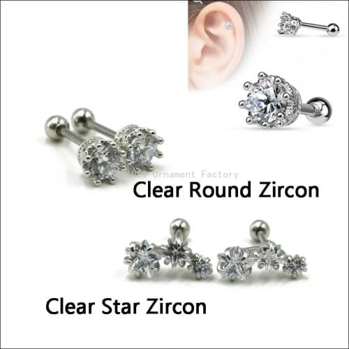 New 316l Surgical Steel Round,Star Zircon with Crown Claw Ear Tragus Helix Cartilage Stud Earring Body Piercing Fashion Jewelry