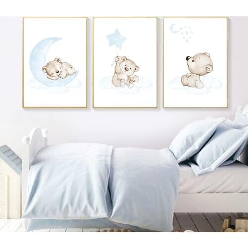 Moon Star Bear Child Wall Poster Canvas Art Print Simple Cartoon Painting Nordic Kids Decoration Picture Baby Boy Bedroom Decor
