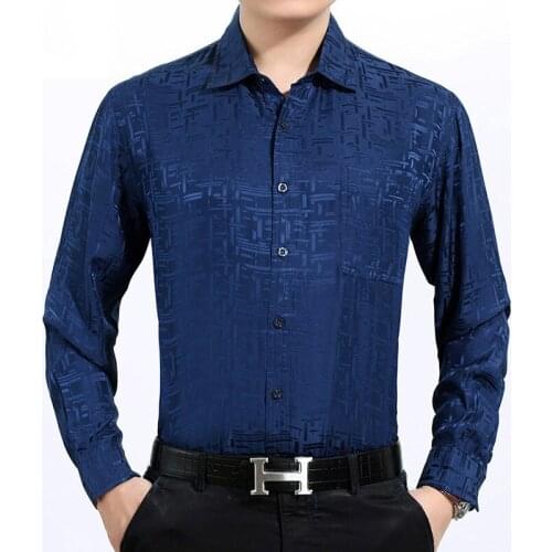 100%Silk Men Shirt Summer Blue White Dress Shirt Shirt Man 2019 Gentlemen Button Chemise Homme Manche Longue 3383 KJ1942