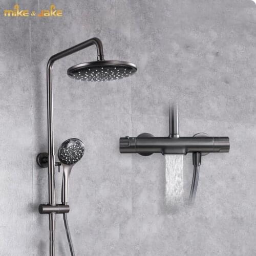 Gunmetal shower set thermostatic bathroom wall shower mixer luxury bathroom gun metal wall shower mixer bathtub hot & cold tap