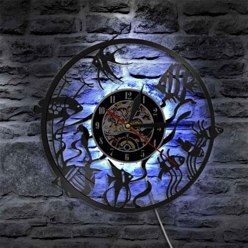 Goldfish Tank Different Fish Breed Kid Room Nursery Lamp Home Decorative Art Watch LED Night Lighting Vinyl Record Wall Clock