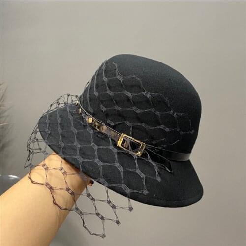 202107-weimin new autumn winter grace mesh belt black wool lady bucket cap women leisure hat