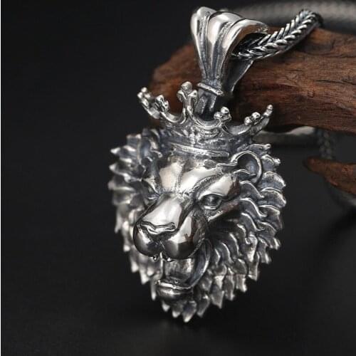 Wholesale S925 Sterling Silver Jewelry Vintage Old Domineering Crown Lion Pendant Thai Silver Punk Wind Men And Women Pendant