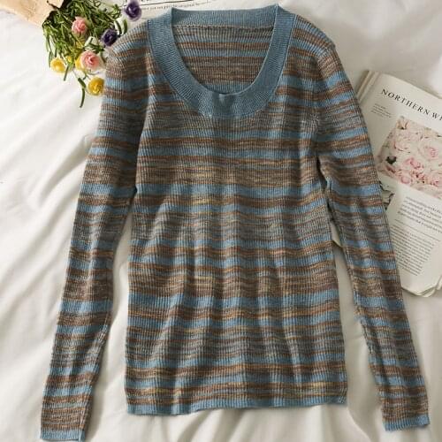 Autumn Winter Striped Sweater Knitted Pullover Women O-Neck Basic Sweaters Korean Fashion Pull Femme Knitwear Underwear