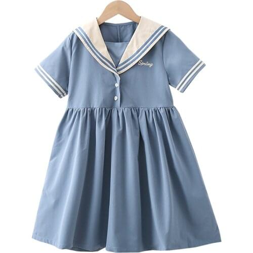 6 To 16 Years, Kids Preppy Dress 2021 New Teen Clothes Girls Dress Sailor Collar Children Summer Dress Cottn Button,#6238