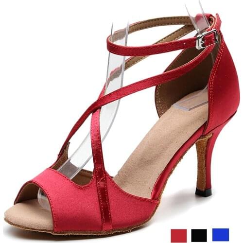 Woman Sexy High Heels Shoes for Dancing Shoes for Women Silk Stain Latin Salsa Ballroom Dance Shoes for Girls Summer Shoes Red