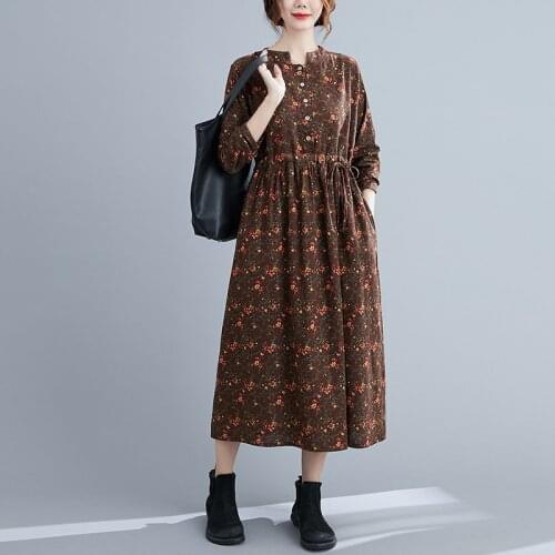 Print Floral Vintage Spring Dress 2021 New Arrival Long Sleeve Women Casual Autumn Dress Draw String Slim Office Lady Work Dress