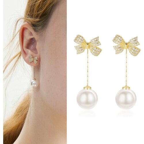 Gold Pearl Drop Earrings Dazzling CZ Bow Knot Dangle Earrings for Women Bohemian Wedding Engagement Jewelry Lovely Girls Gifts