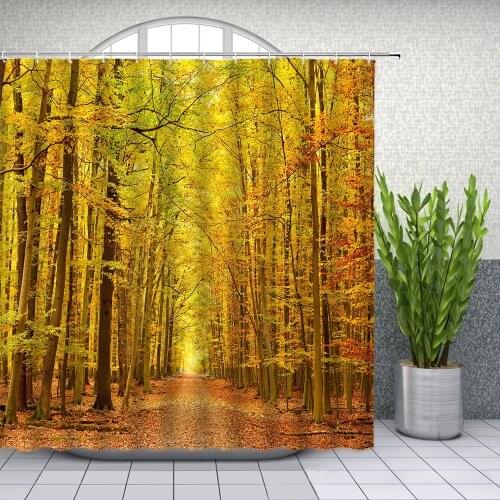 Autumn Landscape Shower Curtains Forest Tree and Plant Leaves Scenery Bathroom Decor Home Bathtub Polyester Fabric Curtain Set