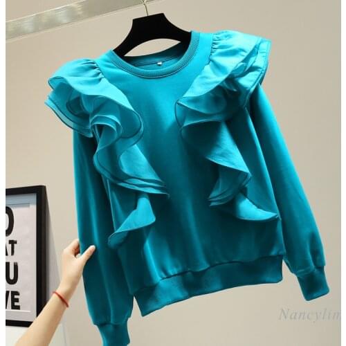 Women Sweatshirt 2020 Autumn Hoody Korean-Style Loose Fashion Ruffled Long Sleeve Casual Sweatshirts Lady Pullover Hoodie 4color