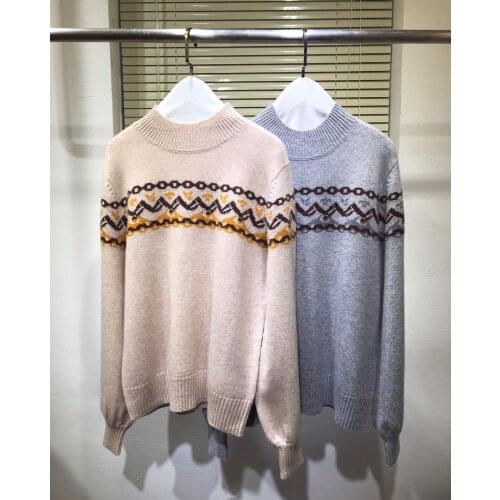2020 Autumn 100% Cashmere Print Sweater Women High-end Brand Runway Fashion O-neck Long Sleeve Beige / Gray Pullover Top