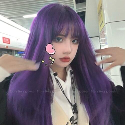 Women Mermaid Princess Elf Japanese Anime Cosplay Wigs Harajuku Style Lolita Purple Long Straight Hair Carnival Party Headwear