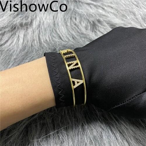 VishowCo Crystal Hollow Name Bangle with stone Bar Bracelet Custom Name Personalized Bracelets Rhinestone for Actual Pictures