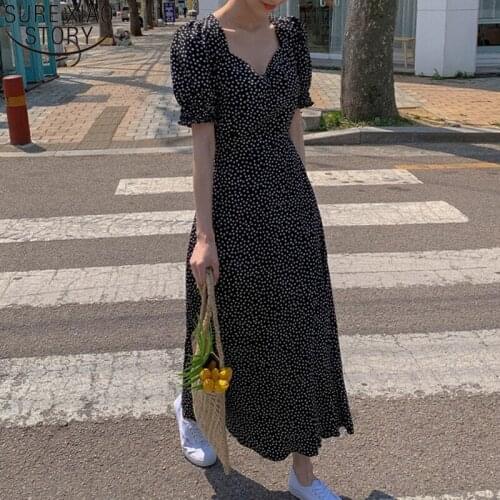 Women Midi Long Dress High Waist Dot Print Dresses Korean Chic Vintage Summer Square Collar Dress Short Sleeve Dresses 14393
