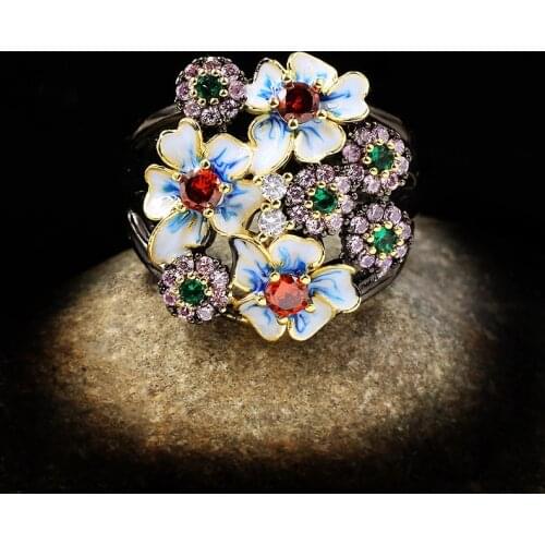 CIZEVA Women Trendy Exquisite Flower Crystal Enamel Ring Retro Elegant Black Gold Color Luxury Ladies 925 Silver Fine Jewelry