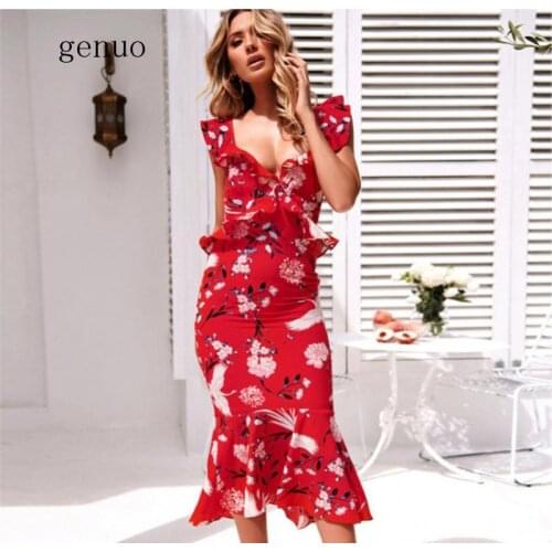 Summer Dress Women 2020 Sexy Bodycon V Neck Print Dresses Female Elegant Ruffle Short Office Beach Party Dress Vestido