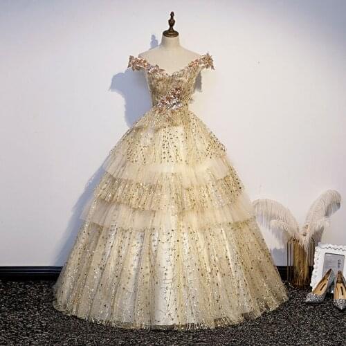 100%real luxury champagne golden embroidery beading ball gown medieval dress Renaissance gown queen Victorian Belle Ball gown