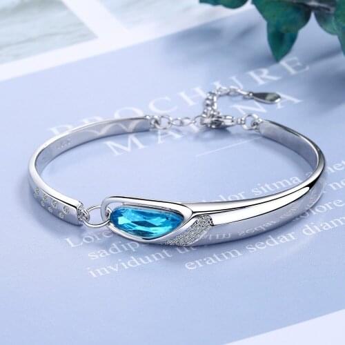 925 Sterling Silver Blue Crystal Charm Bracelet & Bangle For Women Party Wedding Jewelry SL311