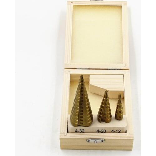 Wooden box packing 3pcs HSS Step Drill Bits 1/4 Hex Shank 4mm to 12mm20mm32mm wood metalwoking Drill Bits Tool Set Hole Cutter