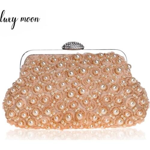 Champagne Flower Evening Bags Pearls Beaded Clutch Bag Female Wedding Party Bag Small Day Clutches Purse Chains Handbag ZD1159
