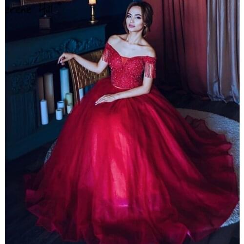 Red Crystal Tassel Beading Sexy Evening Dresses 2020 Ball Gown Lace Up Formal Dress Design Serene Hill LA70467