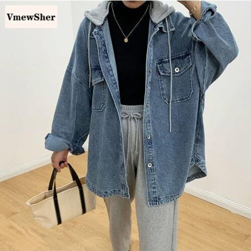 VmewSher New Denim Coat Women Hooded Jacket Oversize Outwear Autumn Spring Loose Coats Jackets Streetwear Overcoat 2020 Fashion